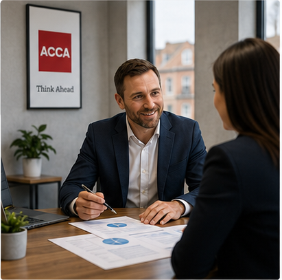 Accountant speaking with a client at a desk with ACCA poster and financial reports