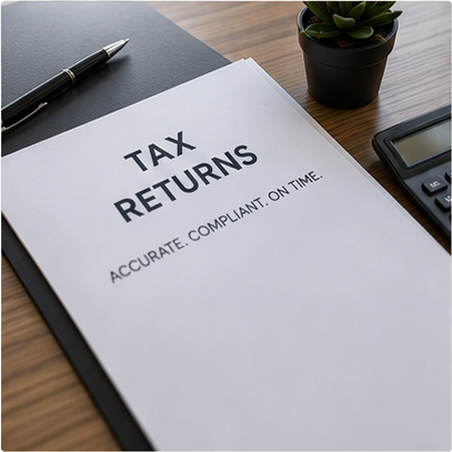 Tax returns document on desk with pen, calculator and small plant
