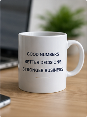 White mug on office desk with text Good Numbers Better Decisions Stronger Business