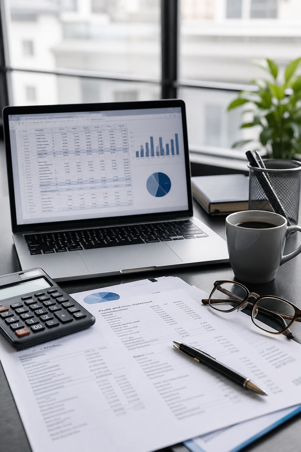 Laptop with financial spreadsheet beside calculator reports glasses and coffee mug