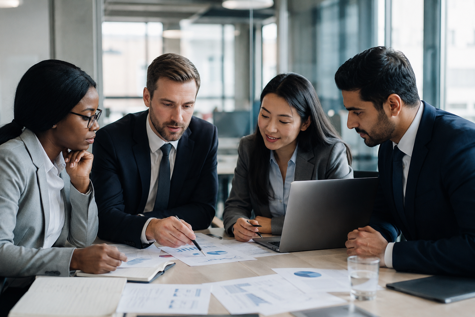 Four professionals discussing financial reports around meeting table