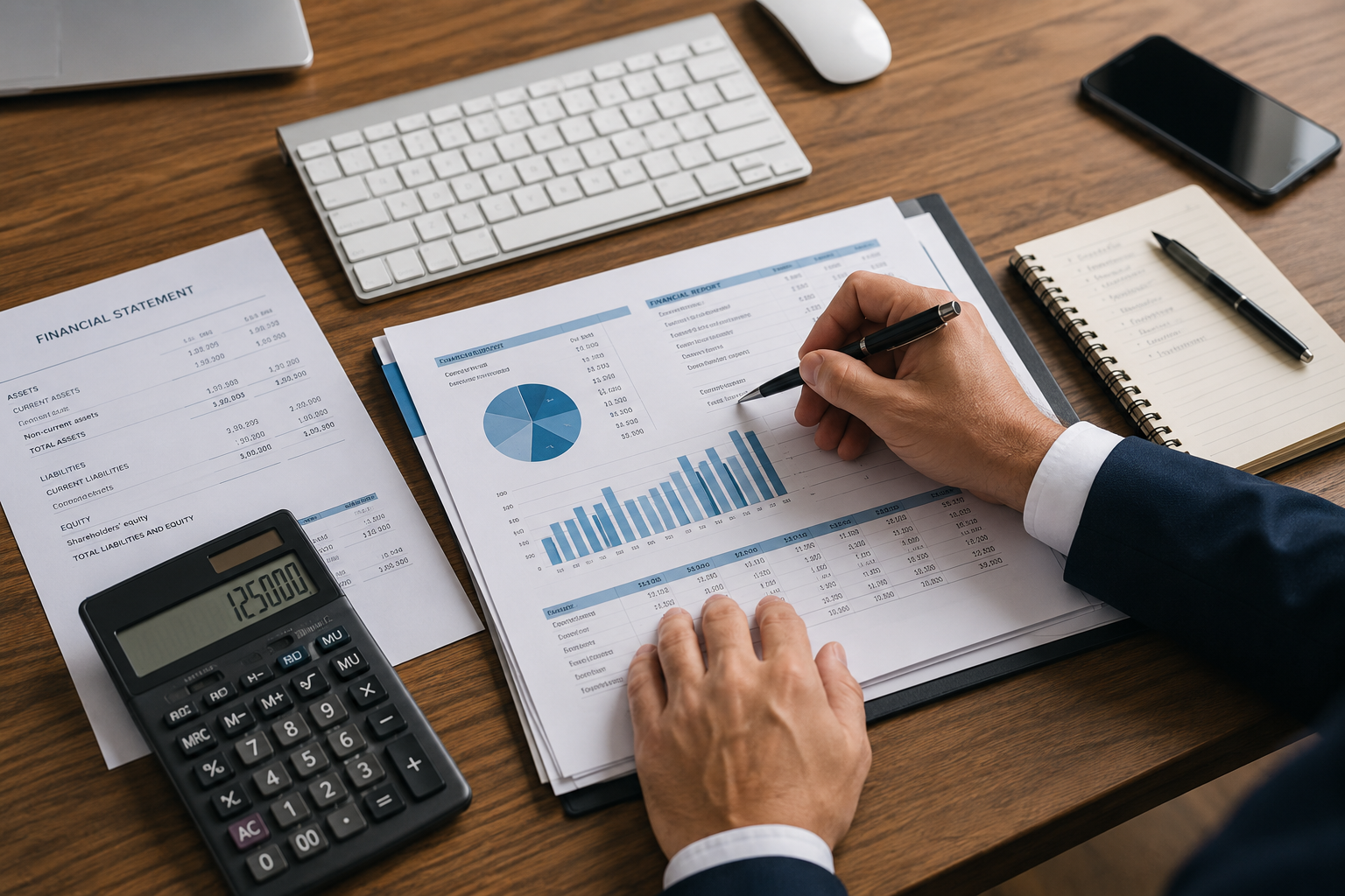 Hand marking financial chart beside calculator keyboard phone and notebook