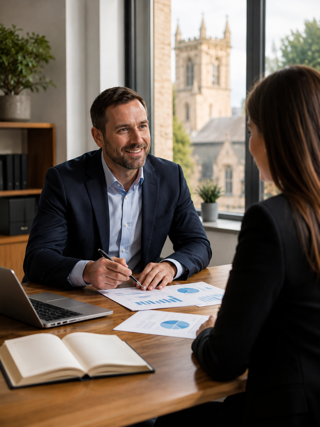 Accountant meeting with female client at office desk with financial reports and church view