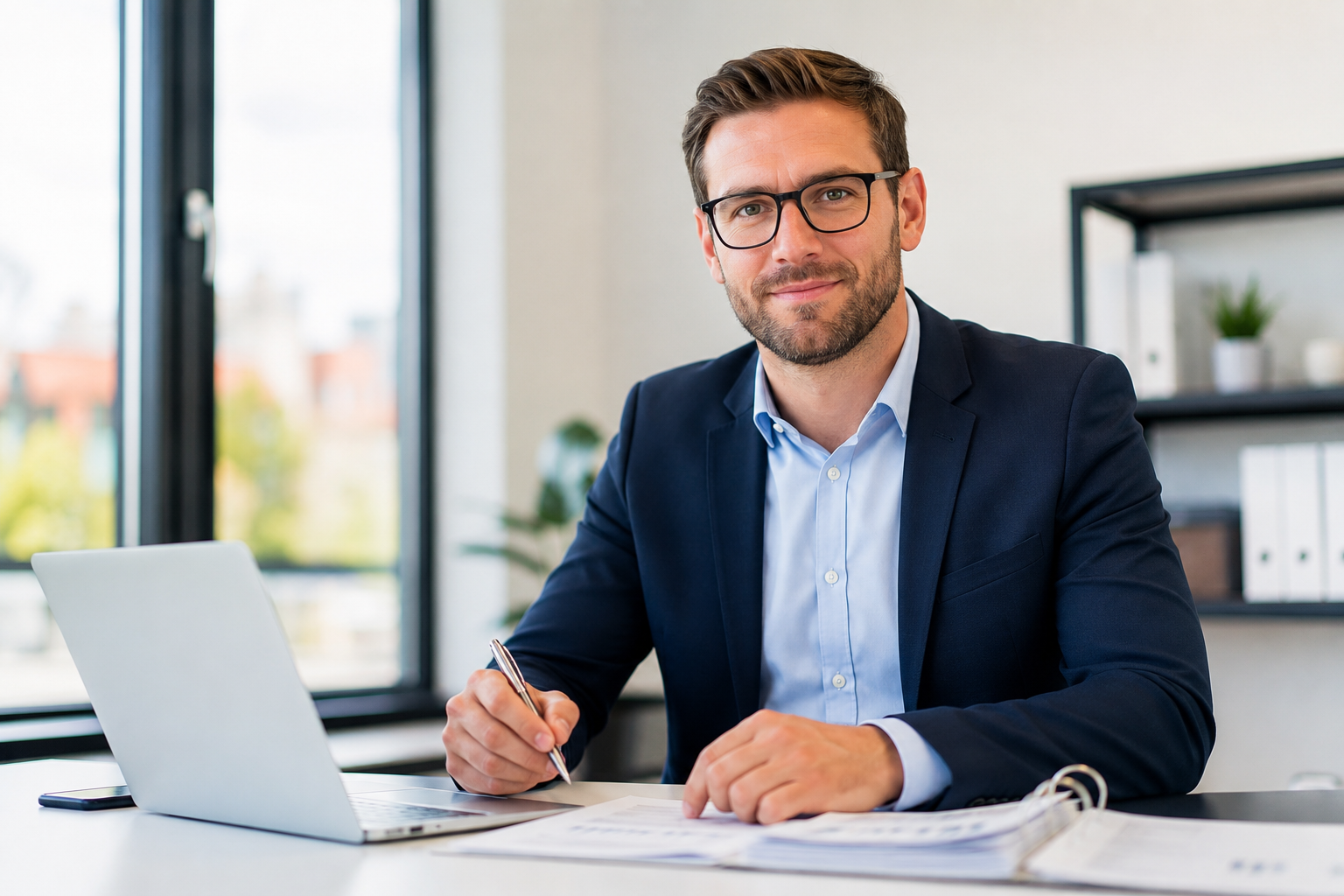 Professional accountant working at desk with laptop and financial documents