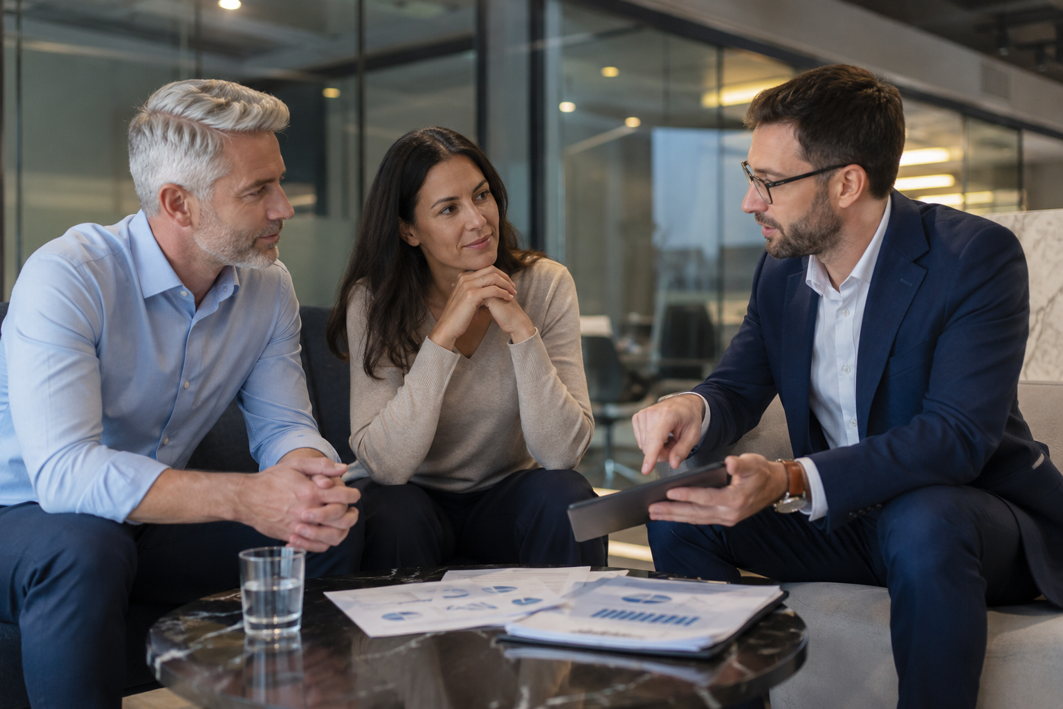 Accountant advising clients during a financial planning meeting in a modern office