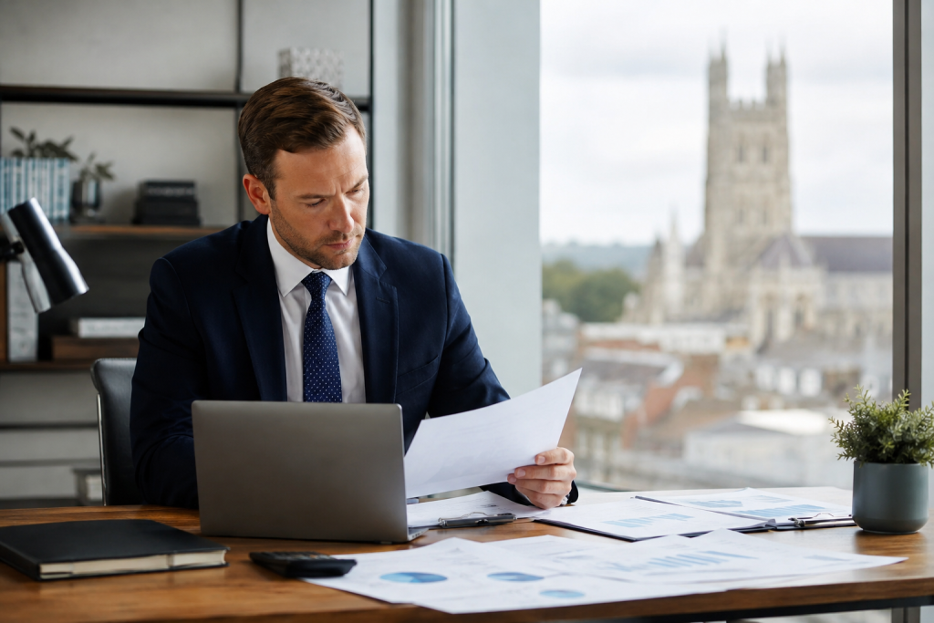 Accountant reviewing financial documents at a desk with laptop and city view
