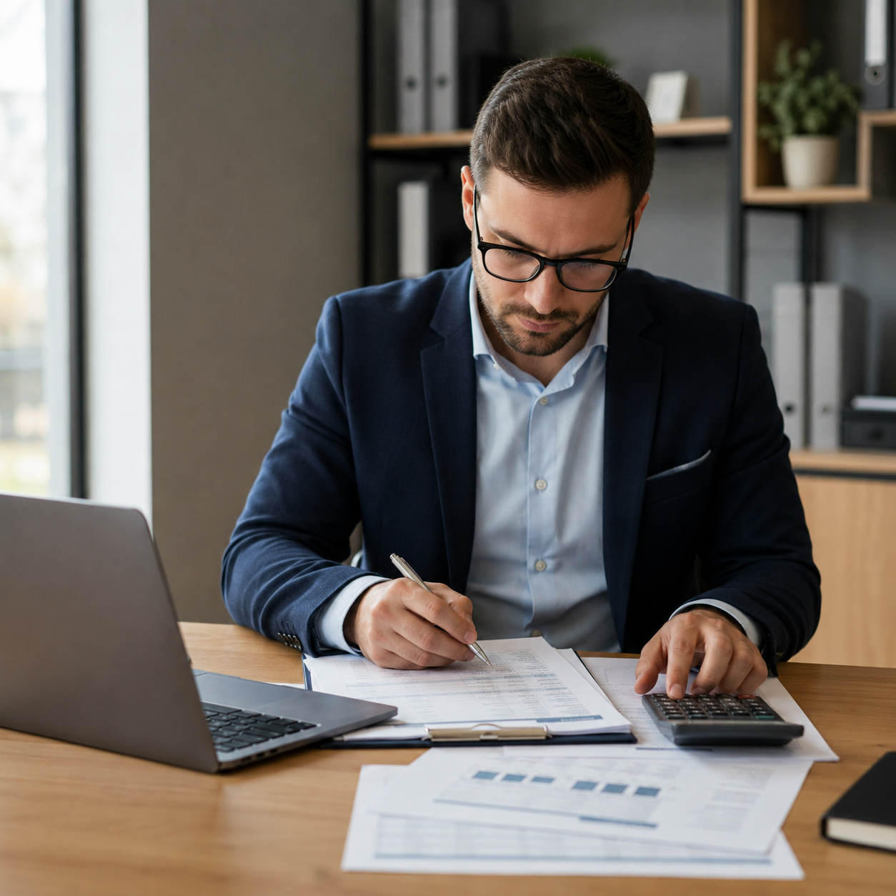 Accountant working with calculator, laptop and financial paperwork