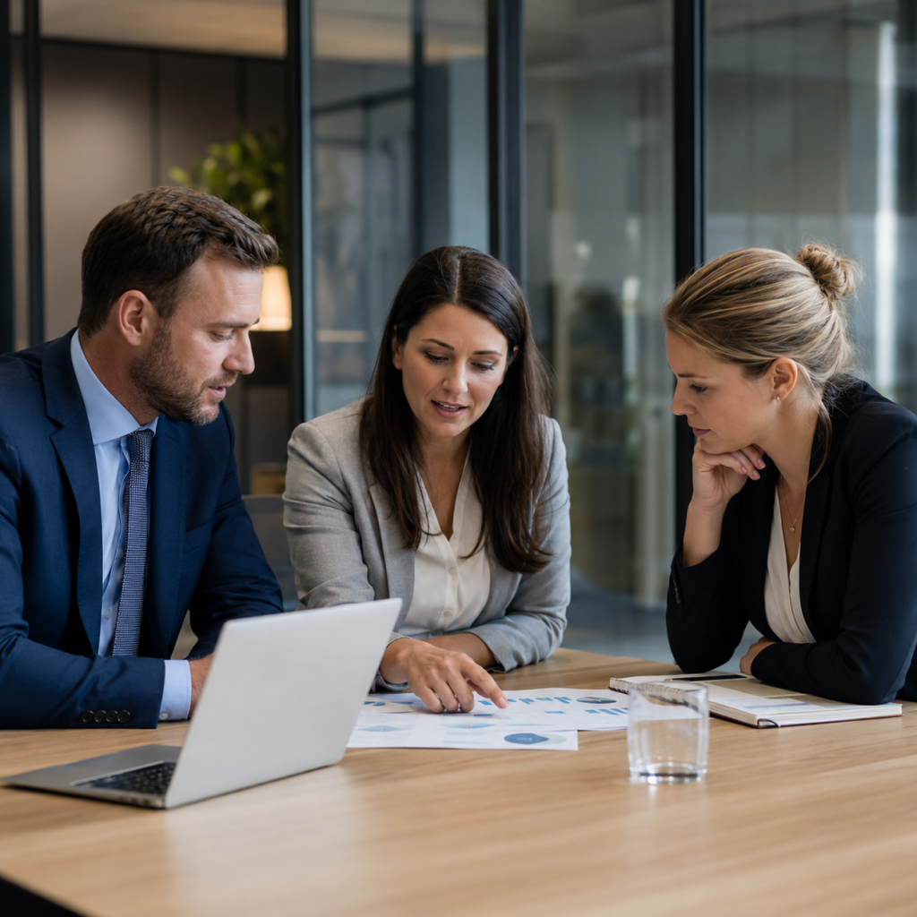 Accountant explaining business financial data during a client meeting