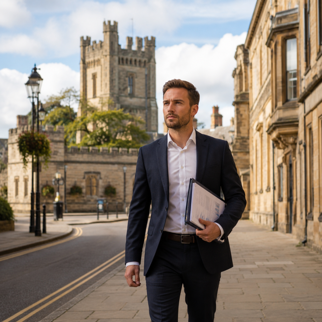 Business professional carrying documents while walking through historic UK stree