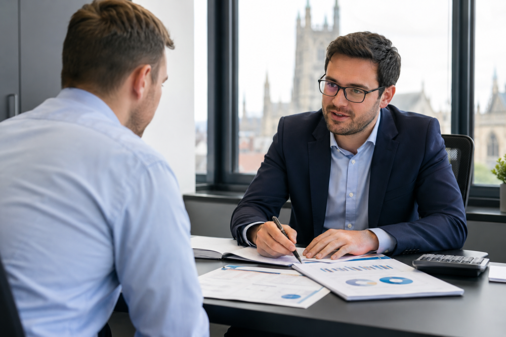 Accountants discussing financial documents in a professional office