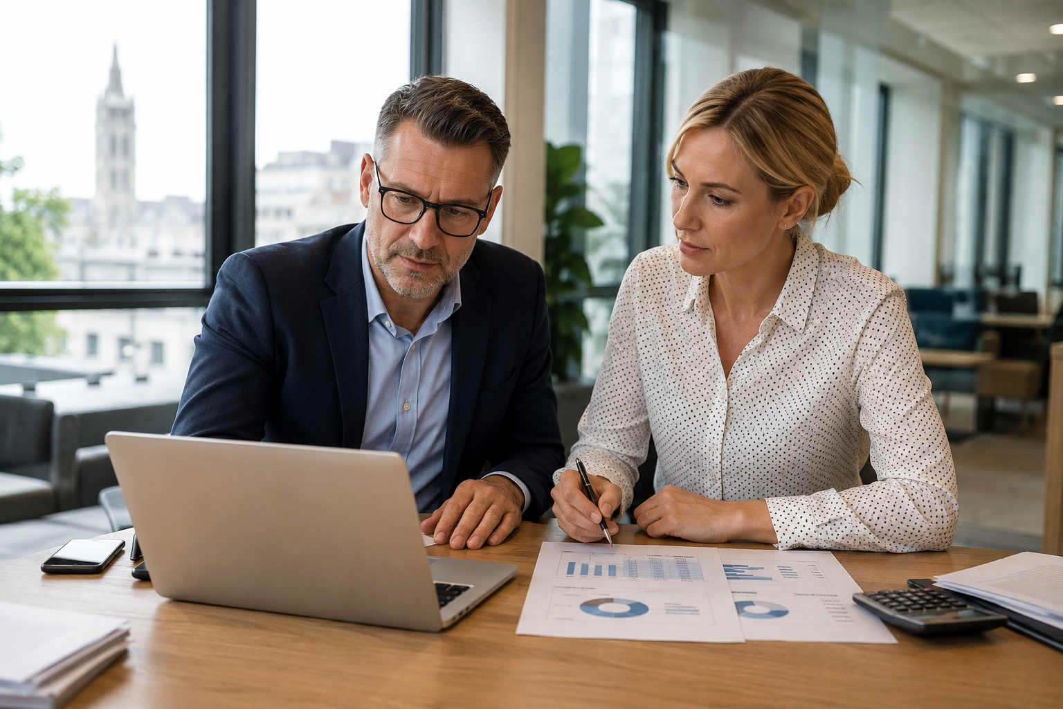 Accountants reviewing reports on laptop in a modern UK office