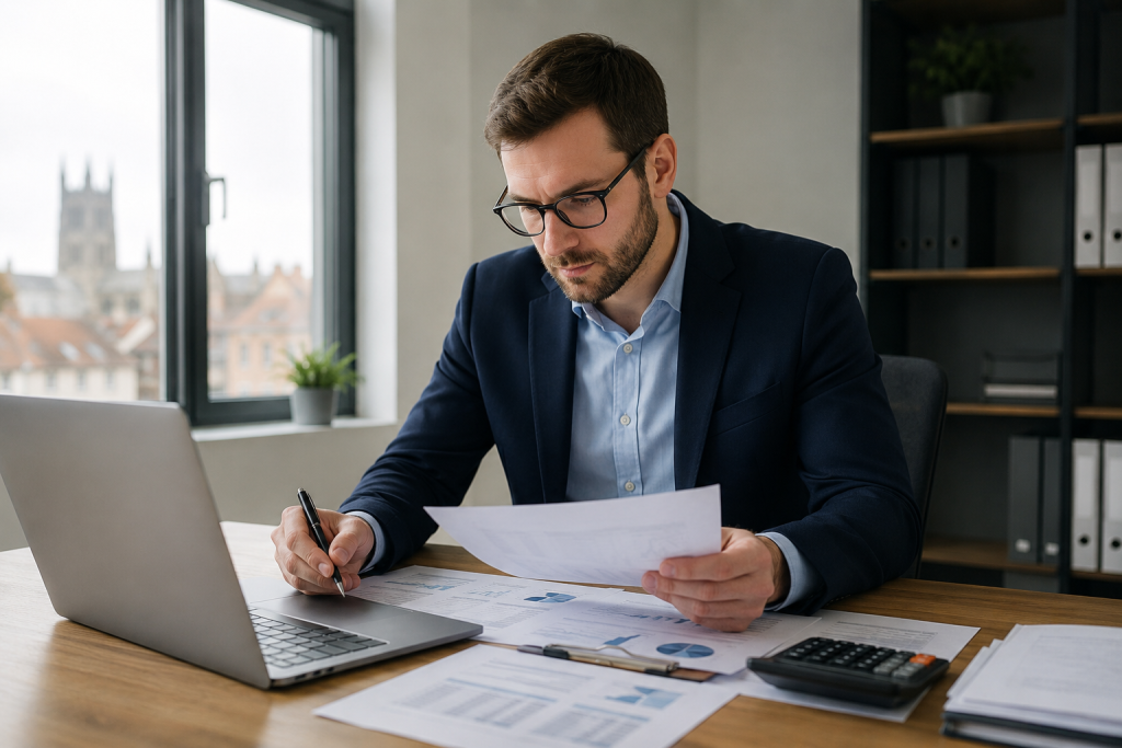 Professional accountant reviewing financial paperwork in a modern office
