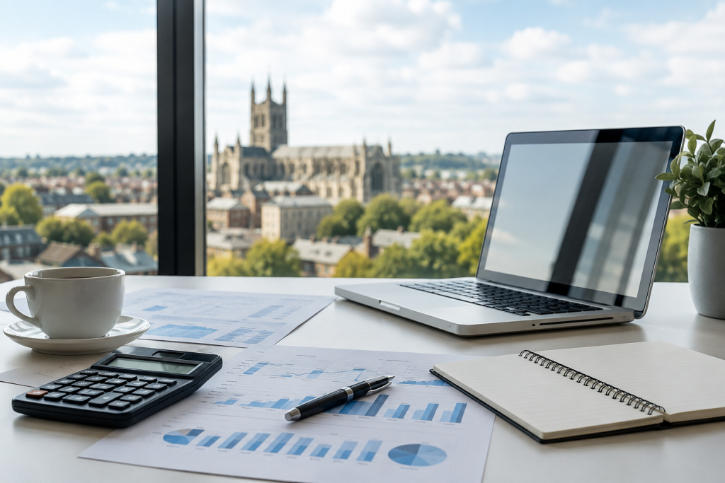 Accountant working table laptop with calculator and financial documents