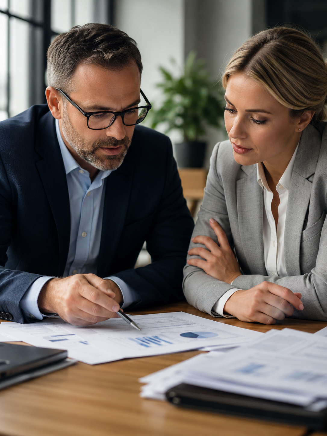 Business advisors reviewing financial charts and reports together