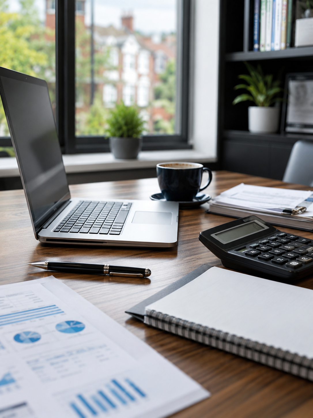 Accounting desk with laptop, calculator and financial reports in a professional UK office
