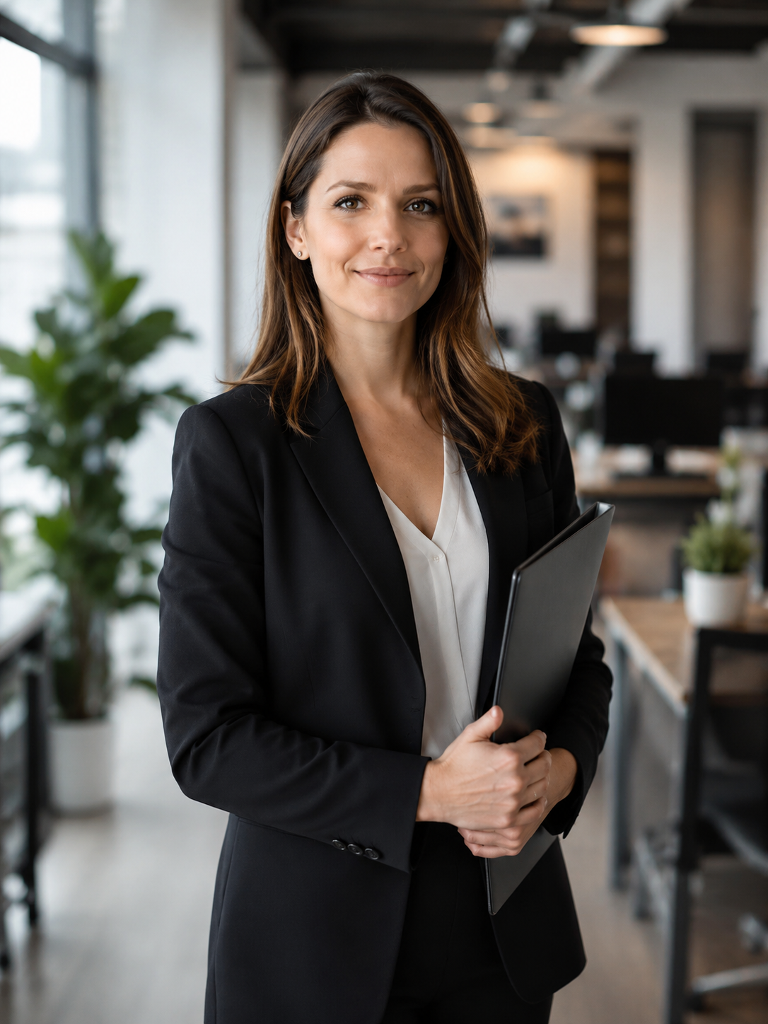 Professional accountant holding a folder in a modern office